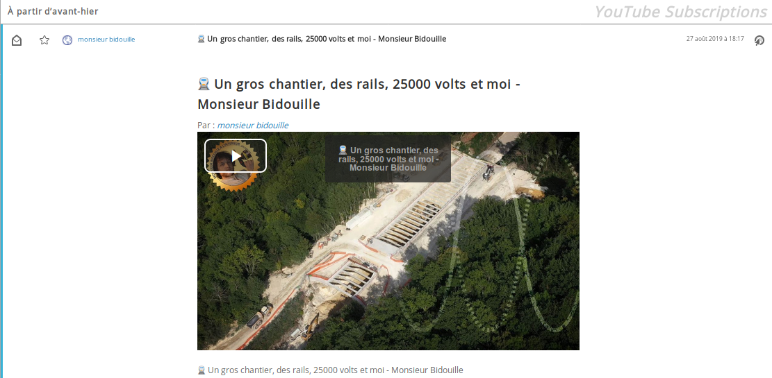 After activationg the extension you can enjoy your video directly in the FreshRSS stream screenshot after